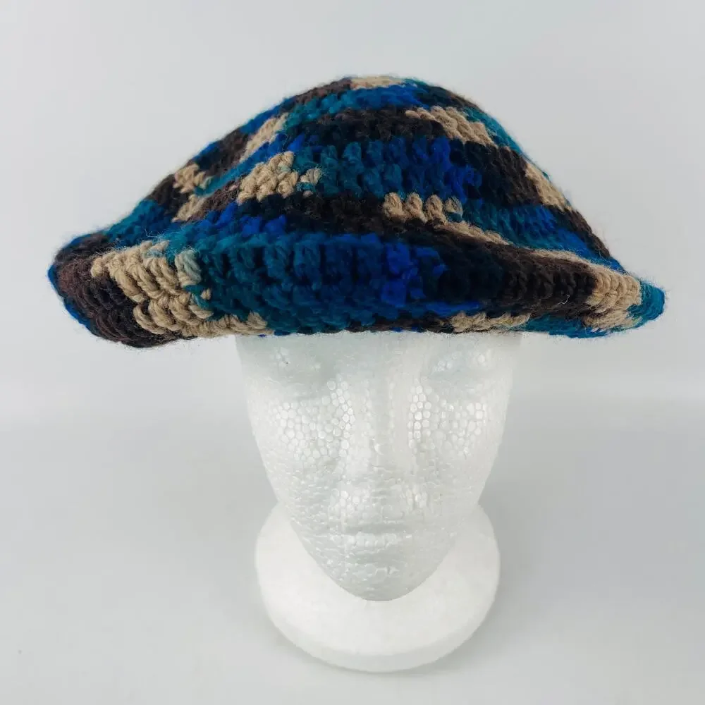 Handmade Crochet Beret Slouch Round Hat Blue Brown - Picture 1 of 4